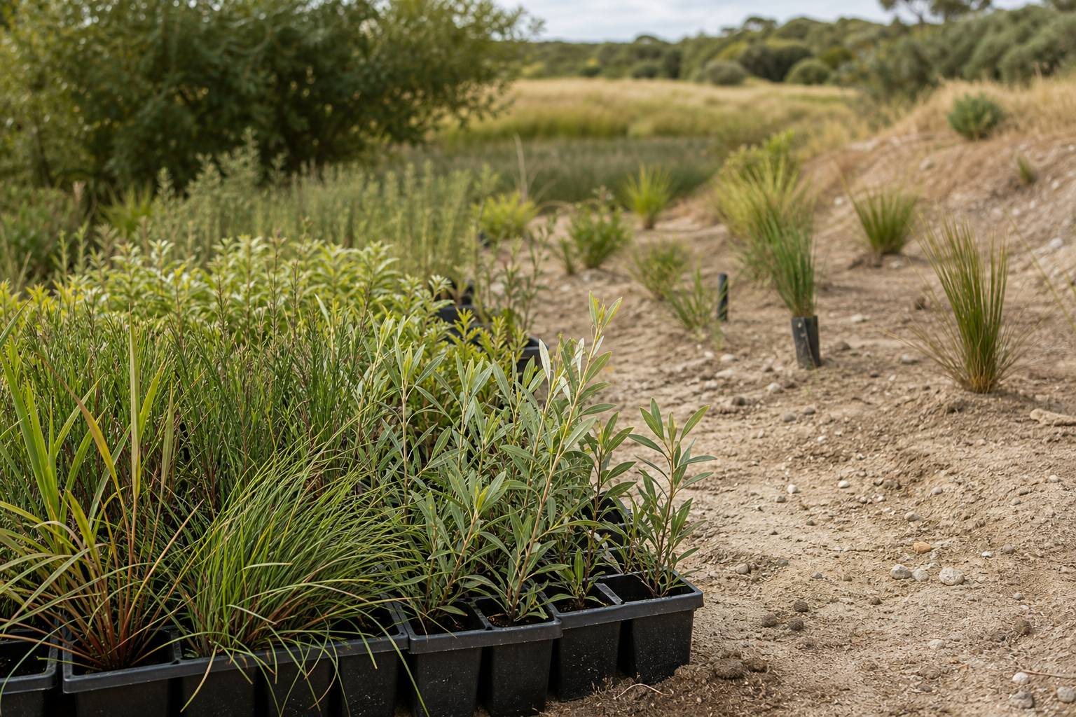Native revegetation plants ready for site planting